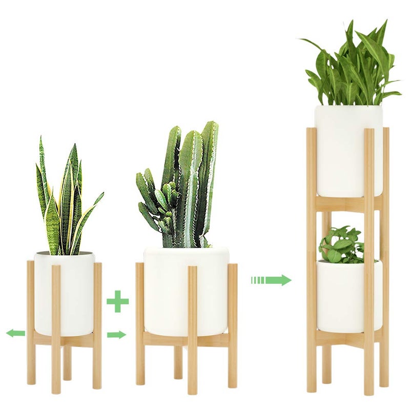 MUDEELA 2 Pack Indoor Plant Stands, 2 Tier Tall Plant Stand 30 inches, Mid Century Bamboo Plant Stand, Adjustable Width 8 - 12 inches, Fits Pot Size of 8 9 10 11 12 inches Pot & Plant Not Included, Natural - Image 1